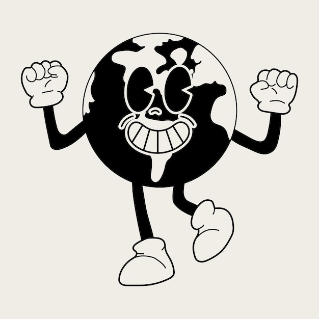 Retro Earth mascot Cute character in trendy retro 60s 70s cartoon style Vector hand drawn