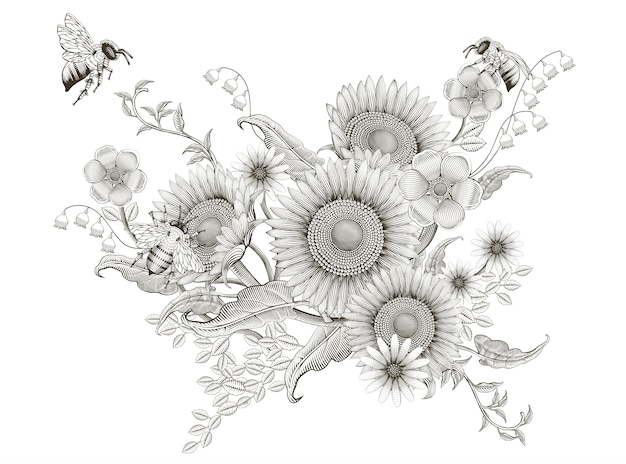 Vector retro elegant floral , etching shading sunflowers and bees design on white background