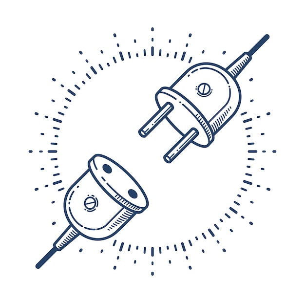 Retro elektrische plug in niet-aangesloten vector lineaire pictogram, macht elektriciteit of technologie concept, verbinding.