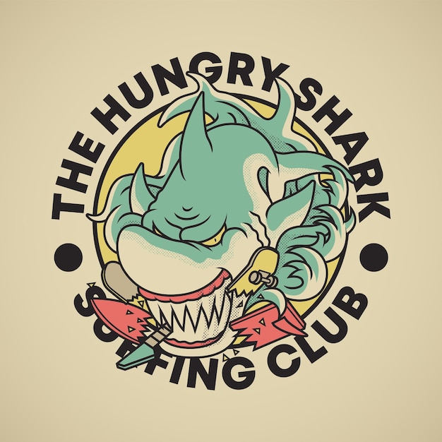 Retro emblem of cartoon angry shark