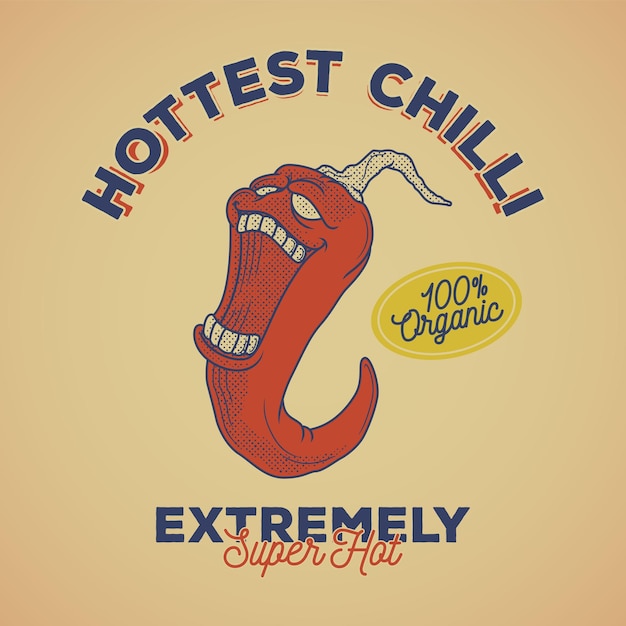 Vector retro emblem of fierce faced cartoon chilli