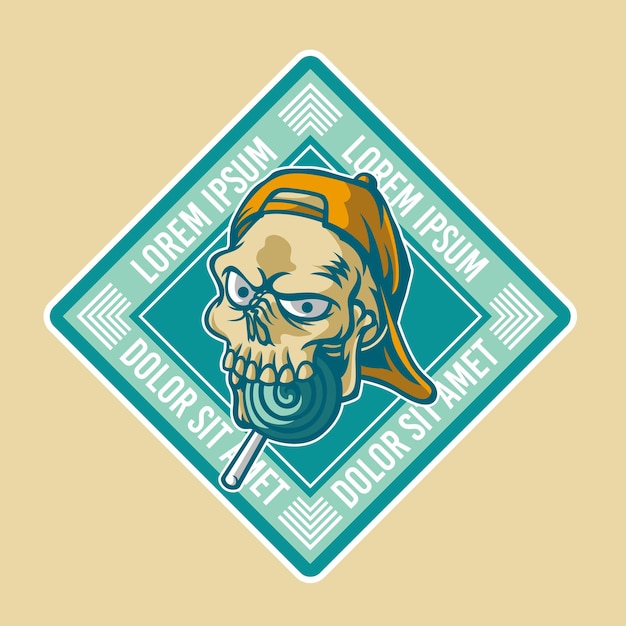 Retro emblem of skull biting a candy