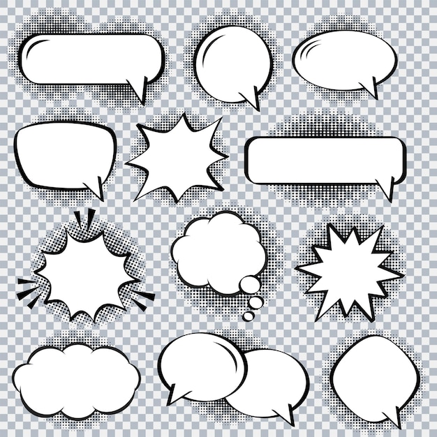 Retro empty comic bubbles and elements set with black halftone shadows on transparent background