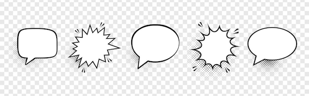 Retro empty comic speech bubbles set with black halftone shadows on transparent background