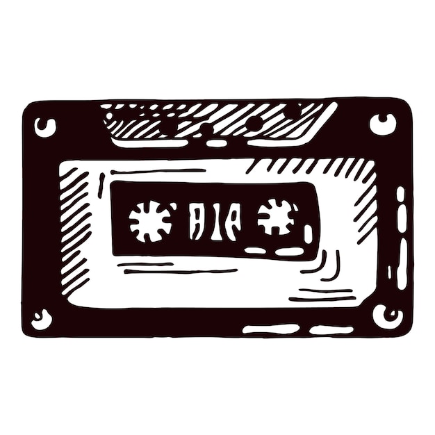 Retro engraved audio cassette tape isolated on white background Vintage music cassette tape in hand drawn style