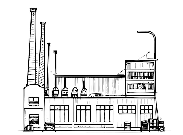 Эскиз ретро-завода, нарисованный вручную в стиле каракулей векторная иллюстрация