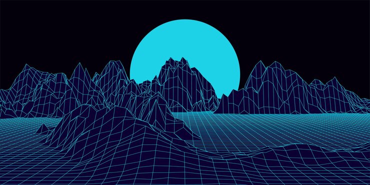 Vector retro fantastic background of the 80s vector mountain wireframe landscape with night sky and sunset futuristic neon scenery