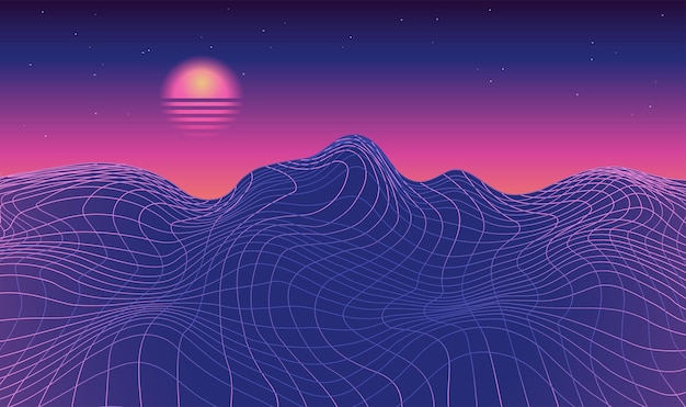 Retro fantastic background in s style vector mountain wireframe landscape with night sky and vintage