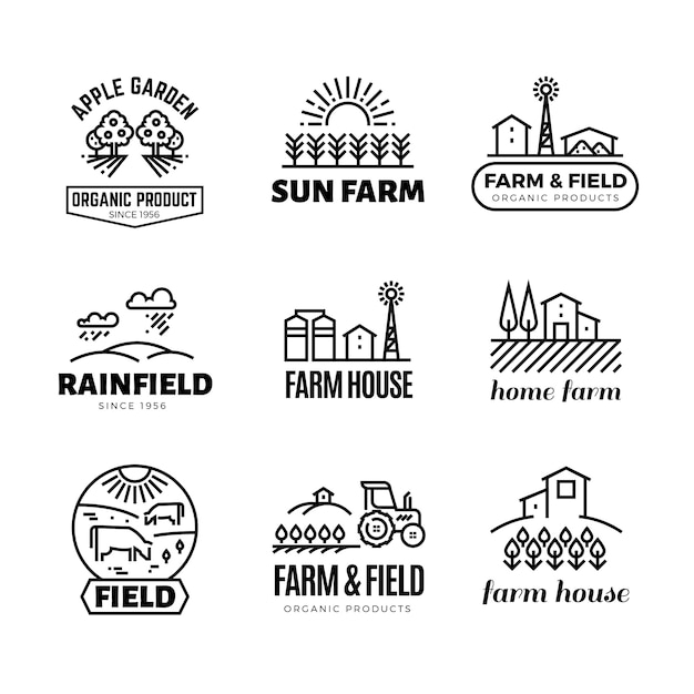 Retro farm and organic products vector emblems and logos. vintage line farming labels