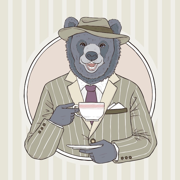 Retro fashion hand draw  illustration of bear