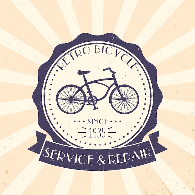 Retro fietsservice en reparatie, vintage logo, embleem met oude fiets