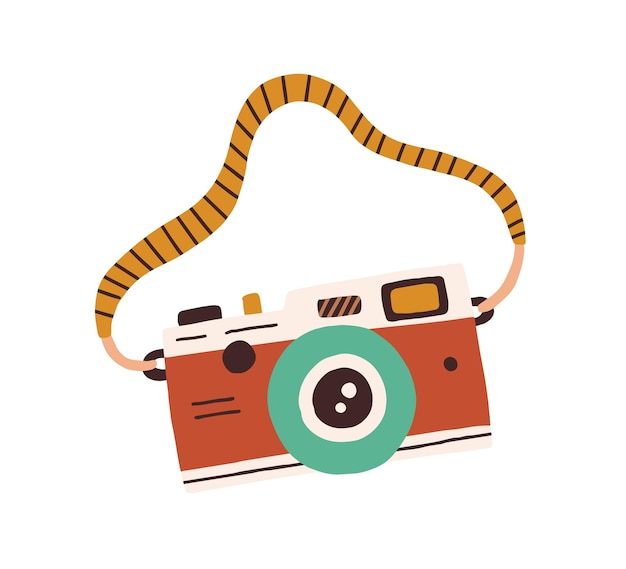 Retro film photo camera with strap isolated on white background. Old analog photocamera. Hand-drawn colored flat vector illustration.