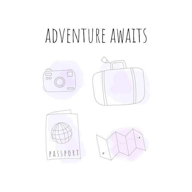 Retro flat illustration with travel set on white background