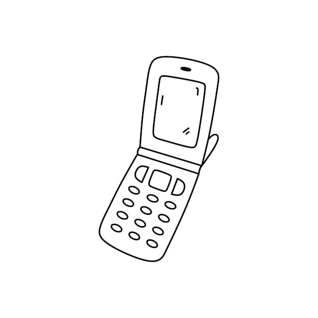 Retro flip telefoon geïsoleerd op witte achtergrond Ouderwetse mobiele telefoon in doodle stijl