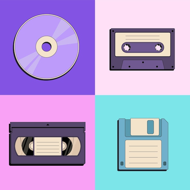 Retro floppy disk compact disc vintage cassette video record icons in flat style isolated on color background Back to 90s Nostalgia for 1990s equipment