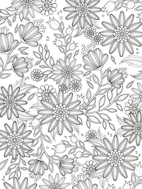 Retro floral coloring page in exquisite line