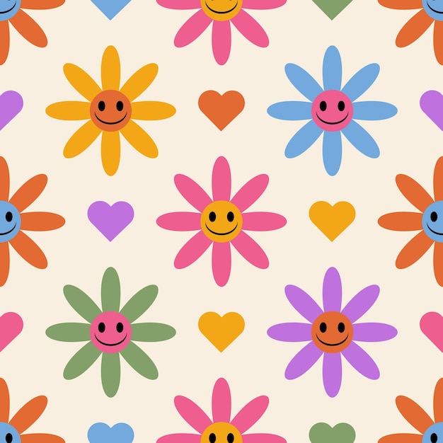 Retro Floral Love A Colorful Flowers and Hearts Seamless Pattern to Add Charm to Your Designs