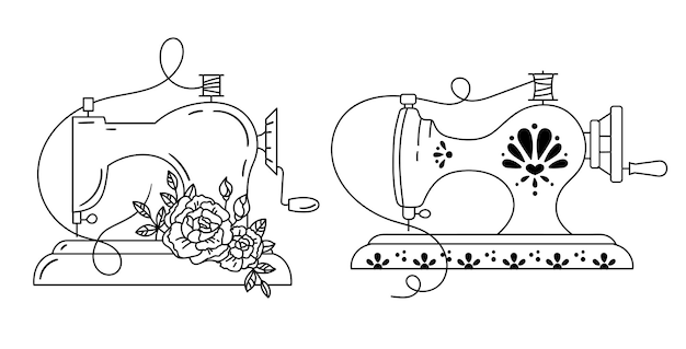 Vector retro floral and ornate sewing machine black and white isolated clipart illustration