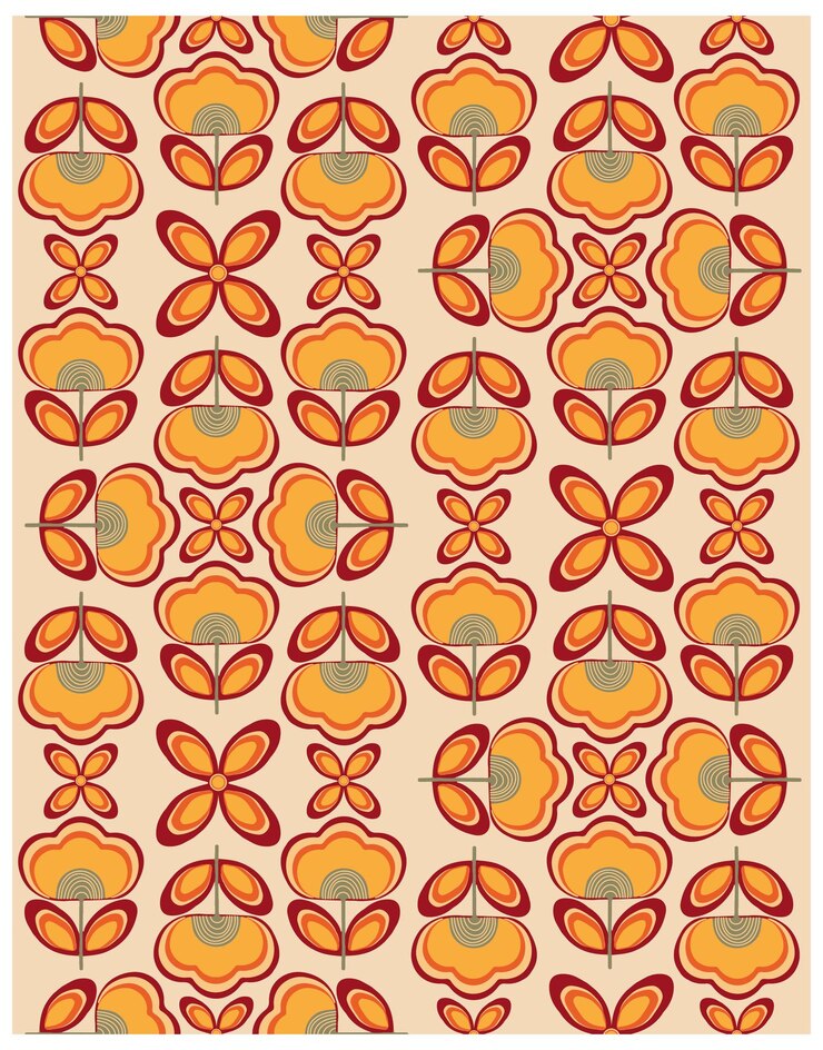 Vector a retro floral pattern orange and red flowers with leaves set against a light beige background