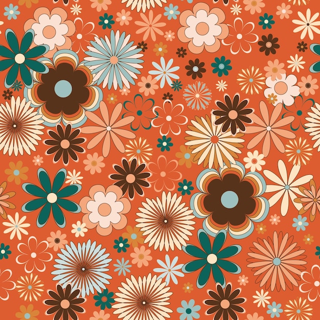 レトロな花のシームレスなベクトル パターン ミッドセンチュリー モダン スタイルの花 60 年代 70 年代の温かみのあるライト ピーチ グリーン ブラウンとベージュ色 x9