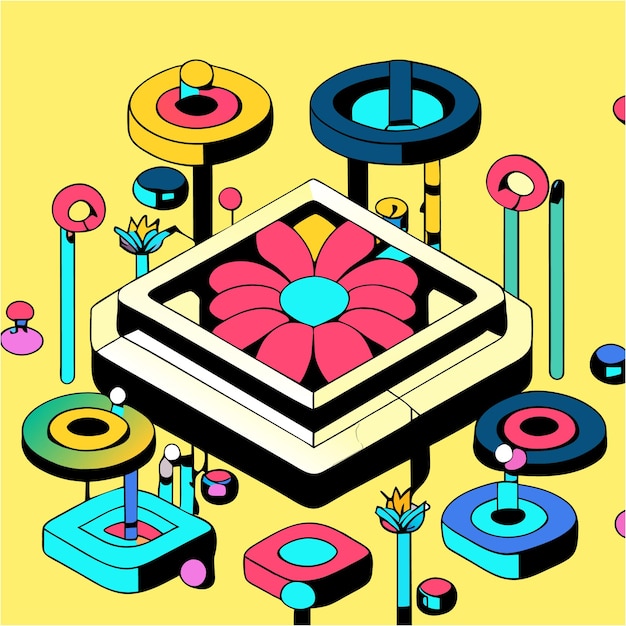 Retro floral whimsical blooms isometric scene with bold outlines