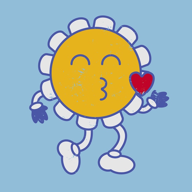 Sorriso di emoji del cuore di bacio del fiore retro emoticon ingenuo d'annata di risata