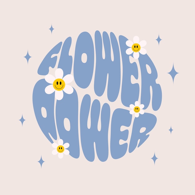 Slogan retro flower power con fiori sorridenti di forma rotonda design alla moda con stampa groovy