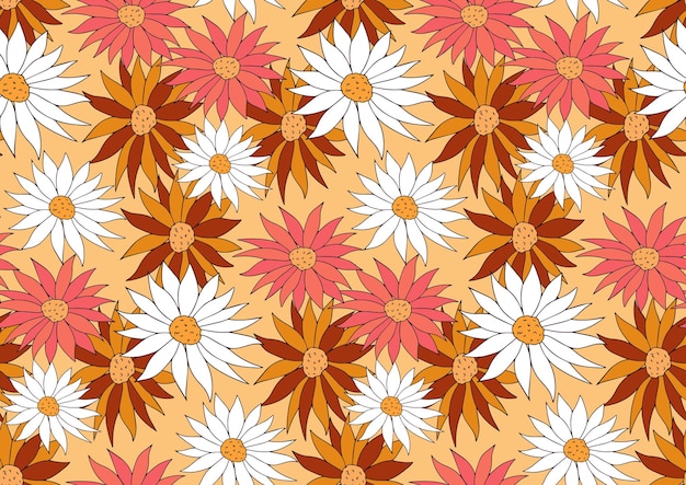 Retro flowers 70s seamless pattern. Hippie flower power repeating texture, background. Vector illustration