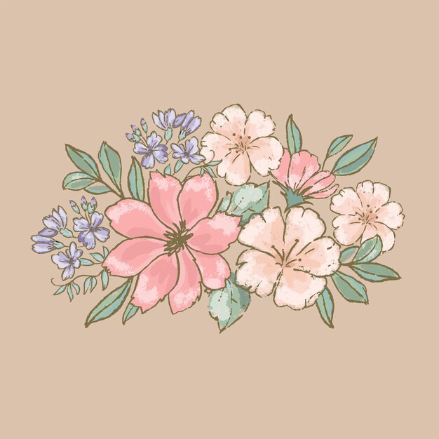 Retro flowers floral bouquet hand drawn