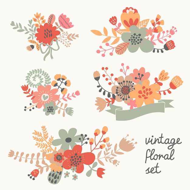 Ретро цветы в векторе Симпатичные цветочные букеты Винтаж цветочный набор Сохранить дату коллекции дизайна
