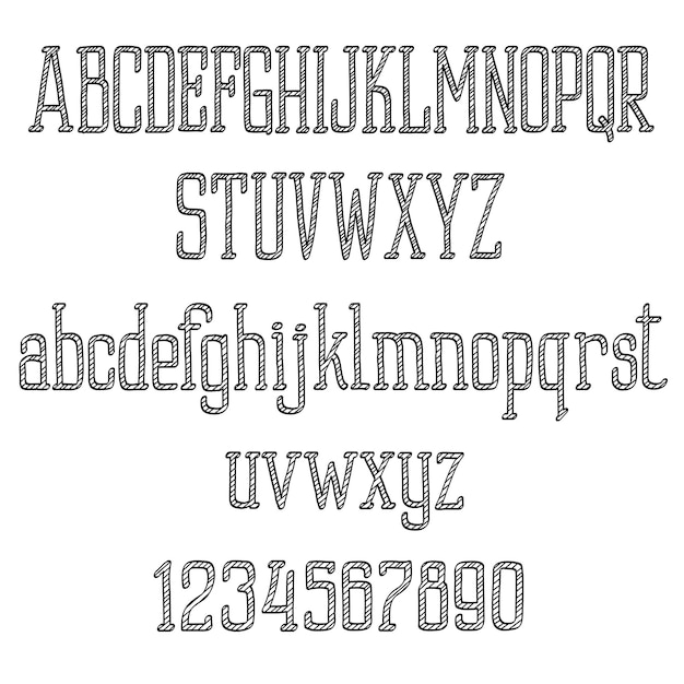 Vettore alfabeto dei caratteri retrò e numeri in stile schizzo