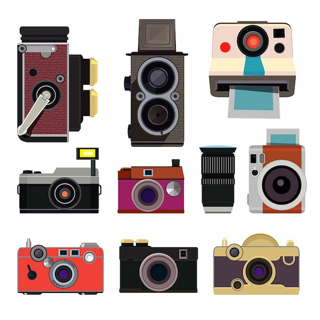 Retro fotocamera's in cartoonstijl isoleren