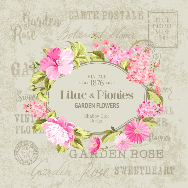 Vector retro frame with pink flowers