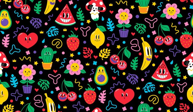 Vector retro fruit and cactus seamless pattern funny cartoon characters vintage vector illustration