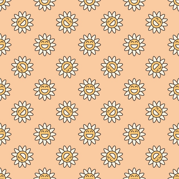 Vector retro funny daisy flower vector minimal colored seamless pattern in groovy style