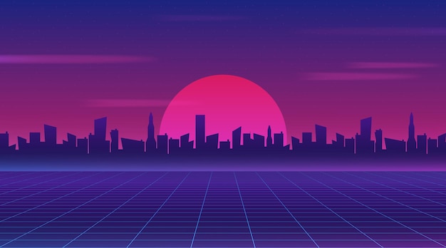 Retro future 80s style sci-fi wallpaper. Futuristic night city. Cityscape on a dark background with bright and glowing neon purple and blue lights. Cyberpunk and retro wave style vector illustration.