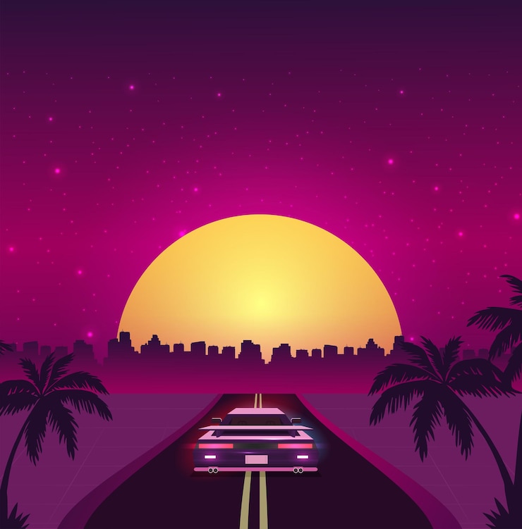 Vector retro future 80s style scifi background futuristic car
