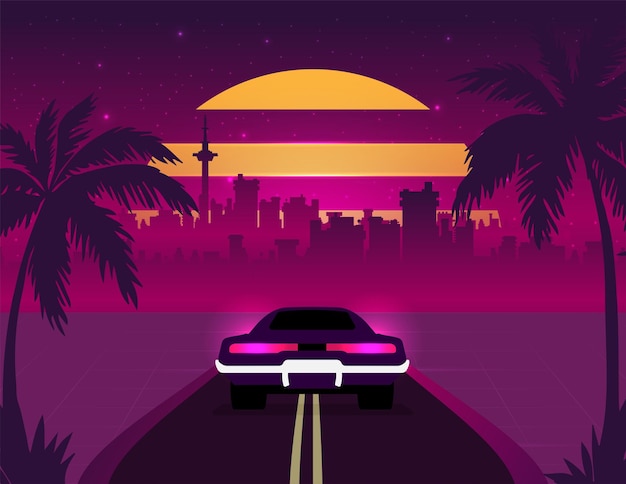 Vector retro future 80s style scifi background futuristic car