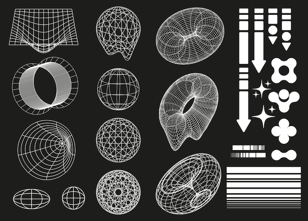 Vector retro futuristic 2000 style set surreal geometric shapes donuts stars patterns perspective grid