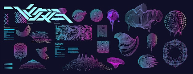 向量的复古未来3 d对象集合风格在80年代- 90年代风格。几何抽象元素的向量。