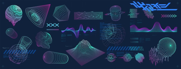 Stile retrò futuristico collezione di oggetti 3d negli anni '80-'90. vettore di elementi astratti geometrici.