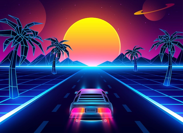 Retro futuristica vista laterale posteriore supercar degli anni '80 sullo sfondo di synthwave vaporwave neon al tramonto