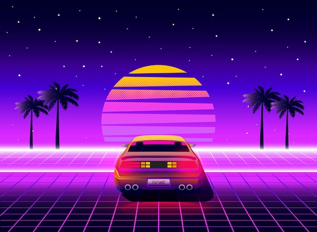 Vector retro futuristic back side view 80s supercar on trendy synthwave, vaporwave, sunset background