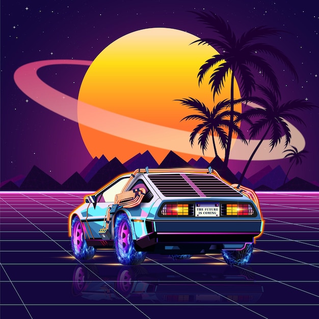 Vector retro futuristic car 1980s poster