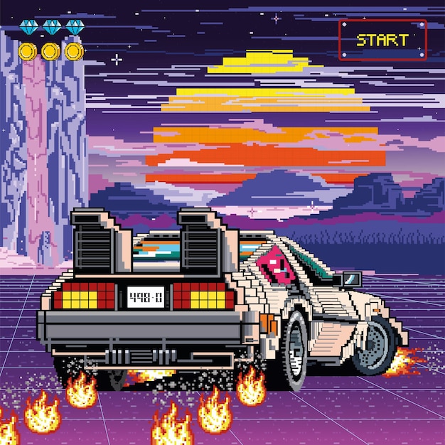 Retro futuristic delorean on the background of the landscape of the night city back to the future