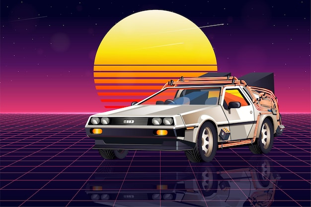 Retro futuristic delorean car on the ocean bitch night background 1980s futuristic poster