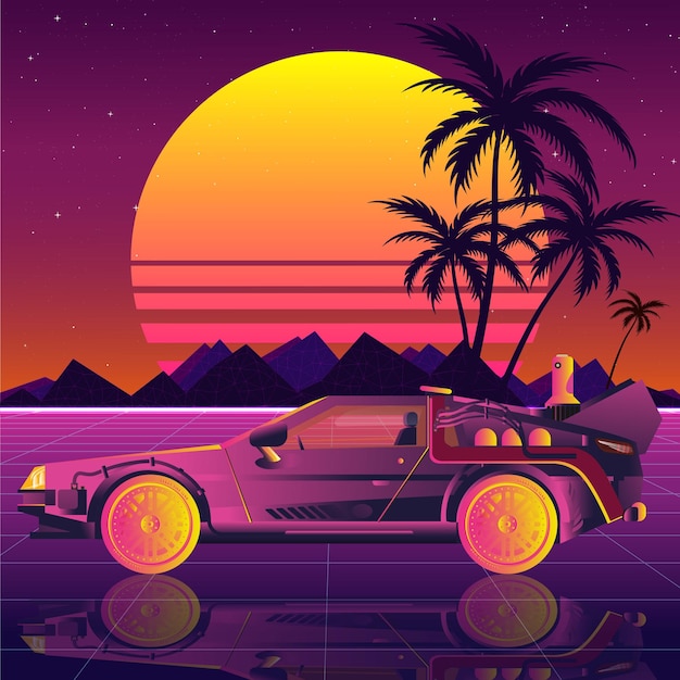 Vector retro futuristic delorean sports racing car on the background of night beach landscape the car of t