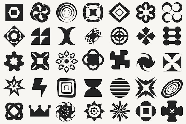 Retro futuristic elements for design Big collection of abstract graphic geometric symbols and objects in y2k style Templates for streetwears brand Vector illustration