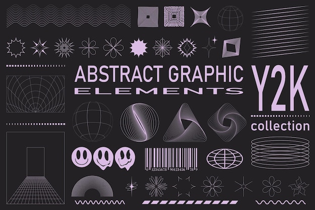 Retro futuristic elements for design Collection of abstract graphic geometric symbols and objects in y2k style