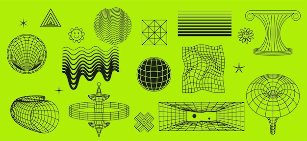 Вектор Ретро-футуристические геометрические фигуры космических форм и линий сюрреалистические элементы в сетке